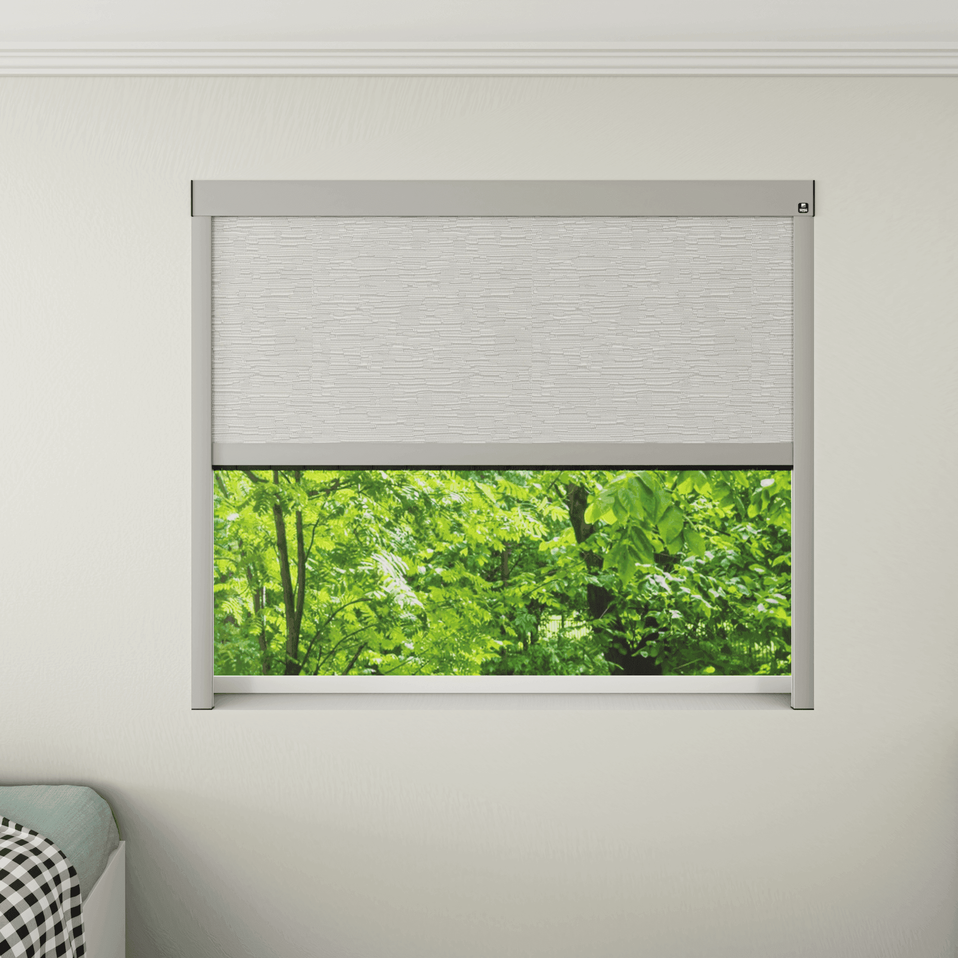 Motorised blackout blind installed in a window.