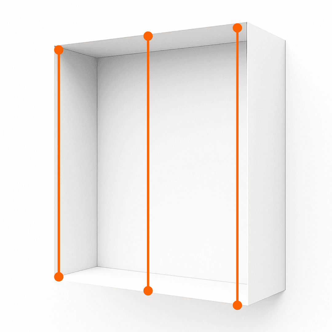 Diagram showing three vertical height measurement lines down a window reveal (left, centre, right).