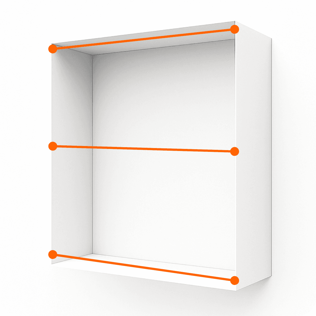 Diagram showing three horizontal width measurement lines across a window reveal (top, middle, bottom).