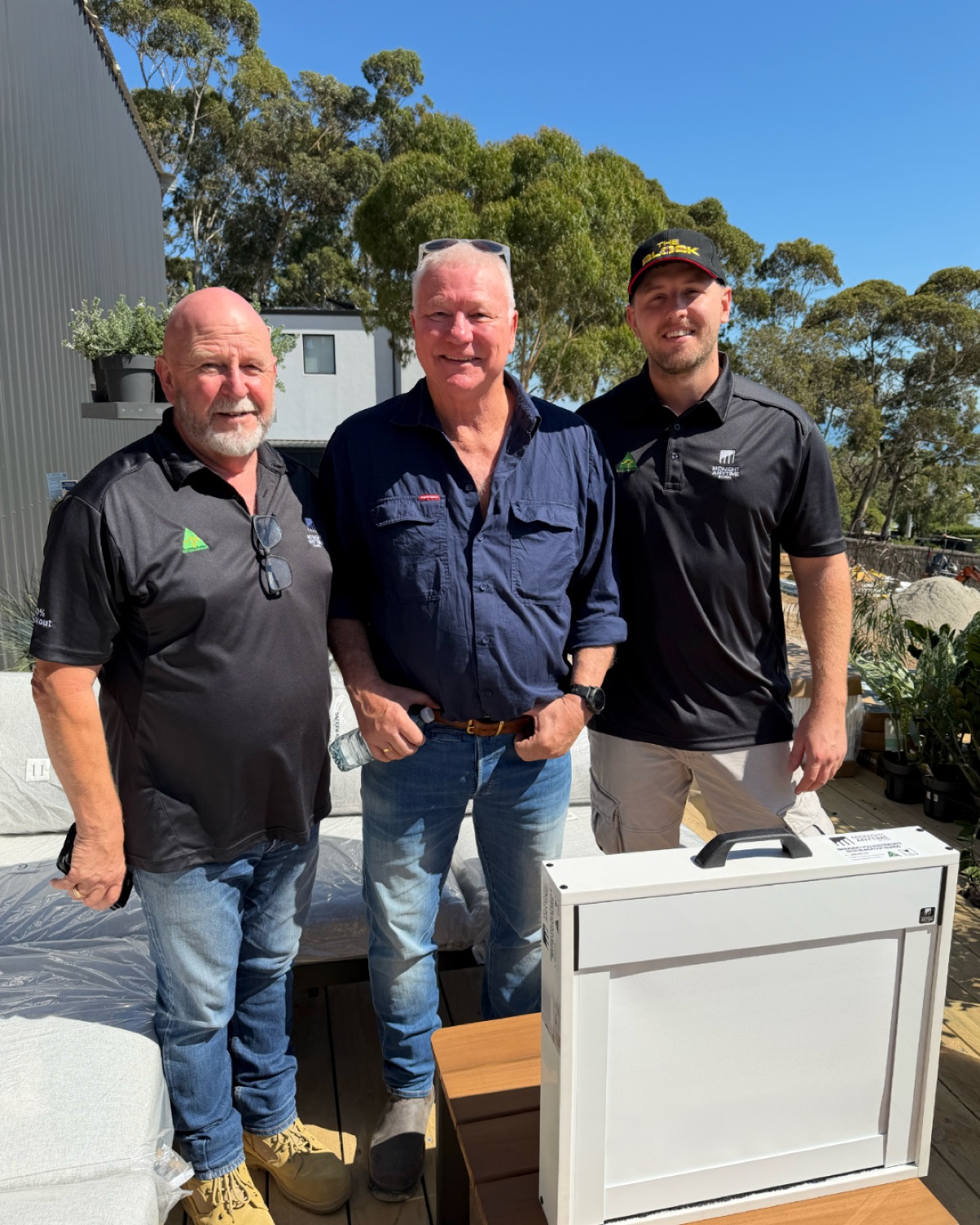 John and Sam from Midnight Anytime Blinds with The Block host Scotty Cam